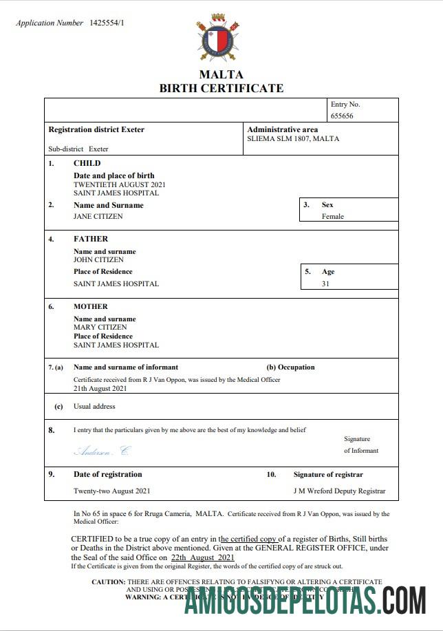 Para baixar modelo Word e PDF de certidão de nascimento de Malta